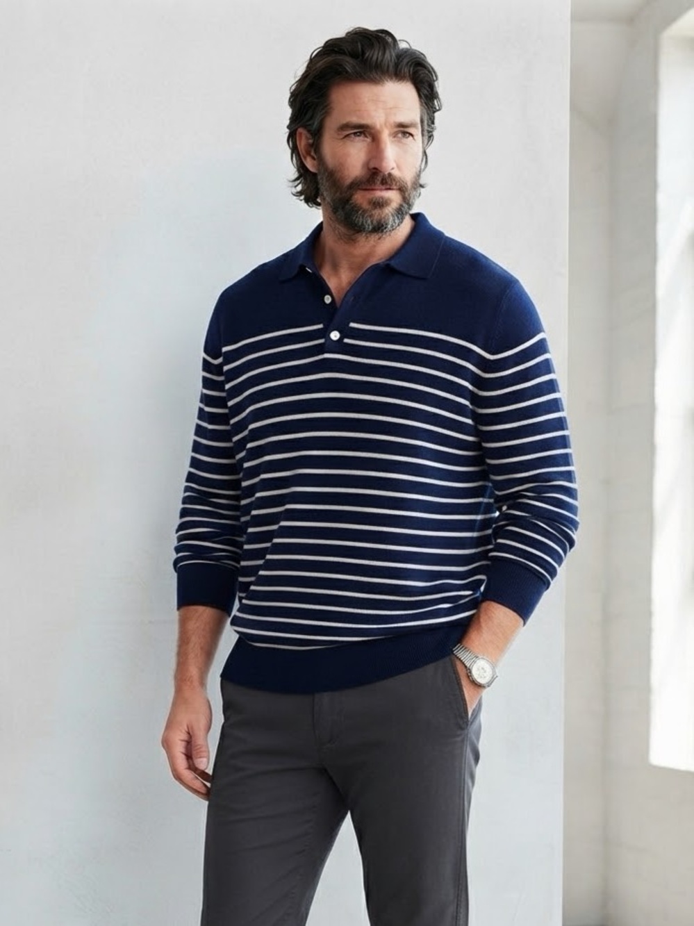J. Crew Men's Navy Blue & White Striped Merino Wool-Blend Long Sleeve Polo Sweat
